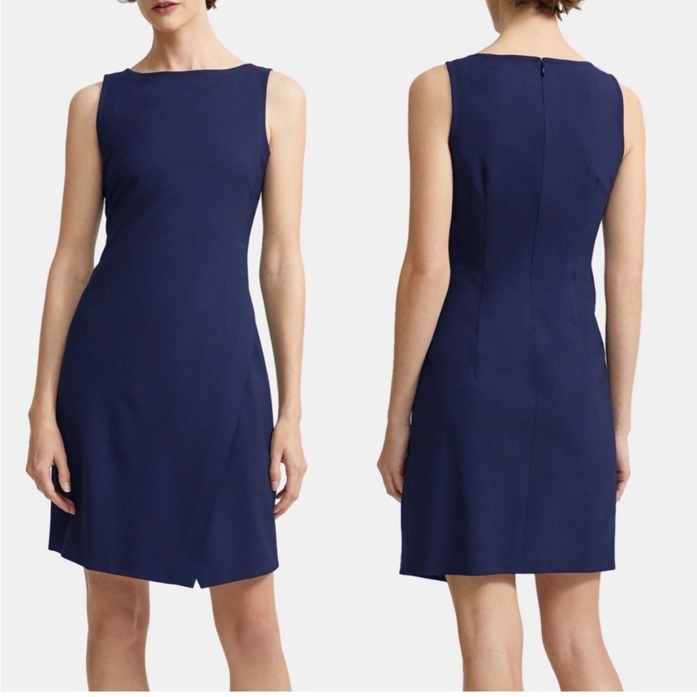 Nwt Theory Risbana dress traceable wool faux wrap Sz 4 navy zip back sleeveless